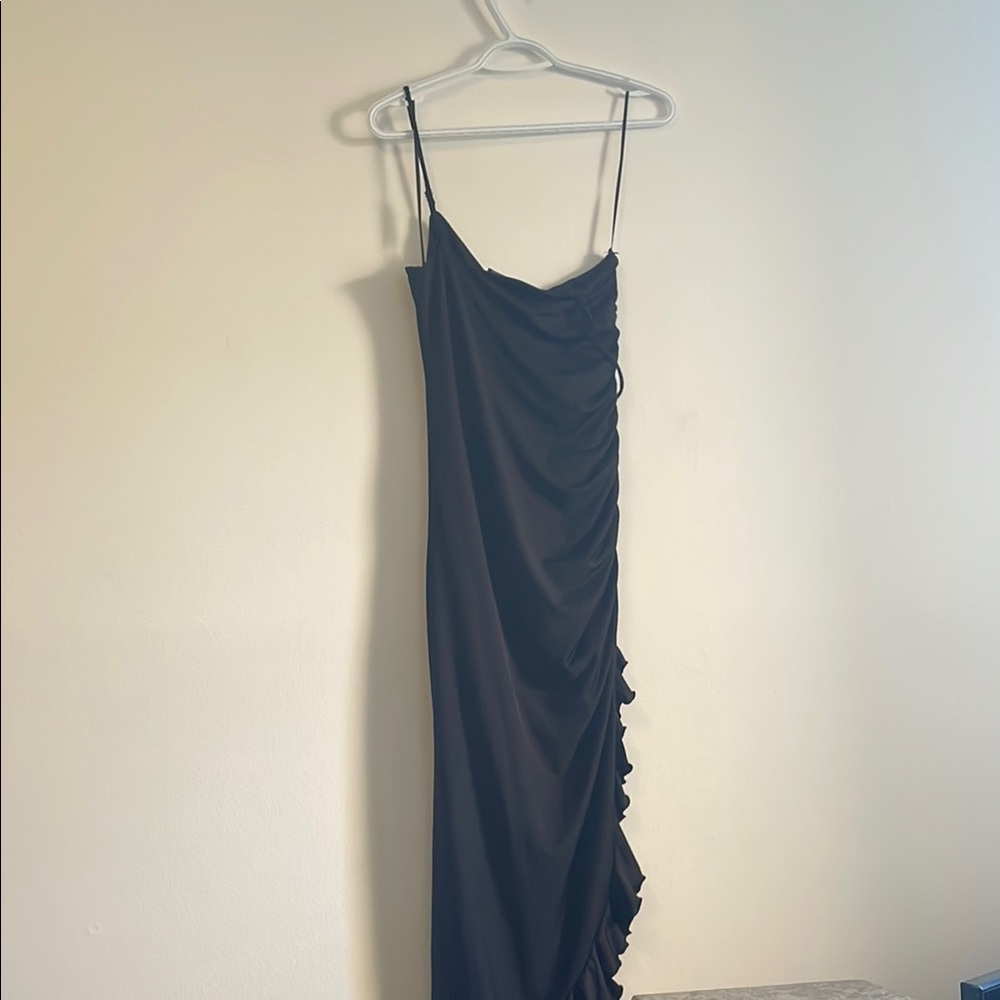 Black Ruched Asymmetrical Maxi Dress